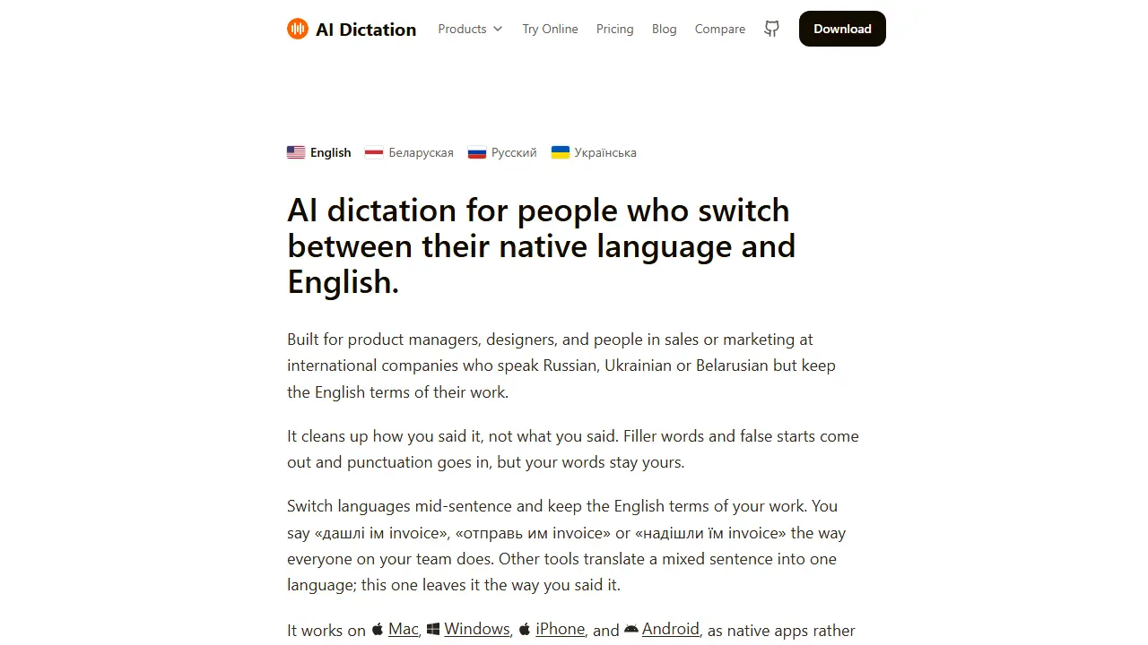 AI Dictation - zrzut strony
