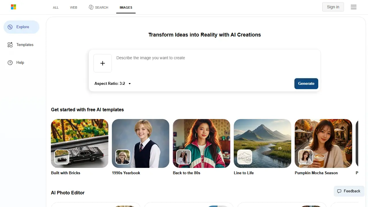 Bing Image Creator - zrzut strony