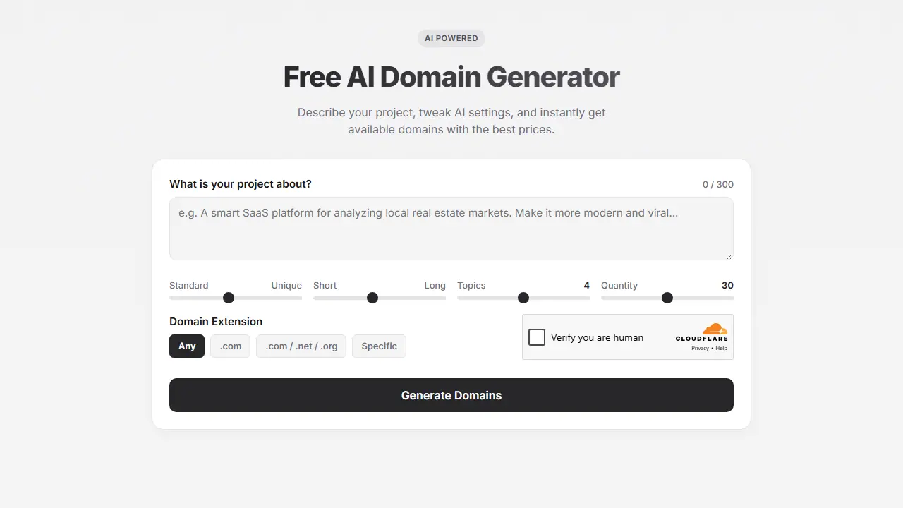 Free AI Domain Generator - zrzut strony