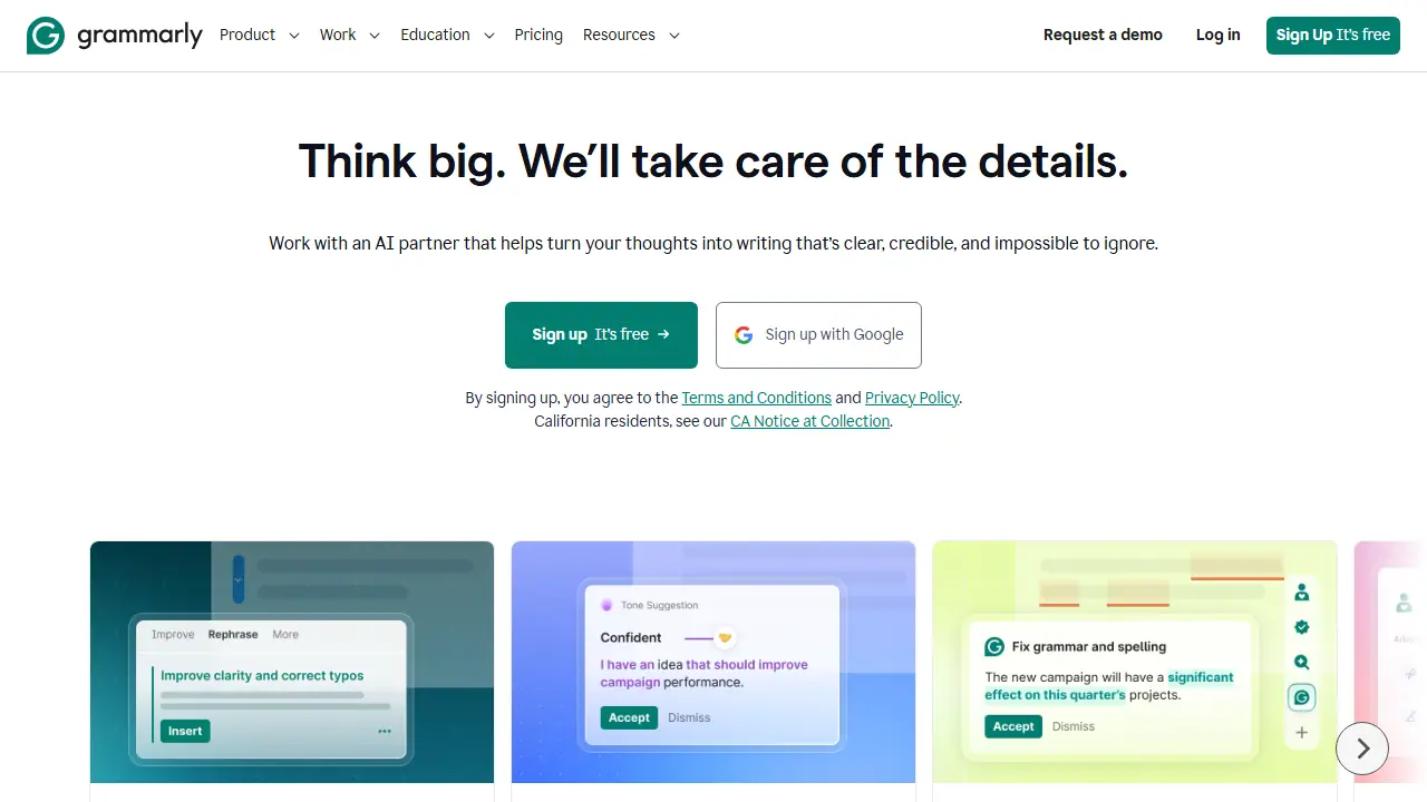 Grammarly - zrzut strony
