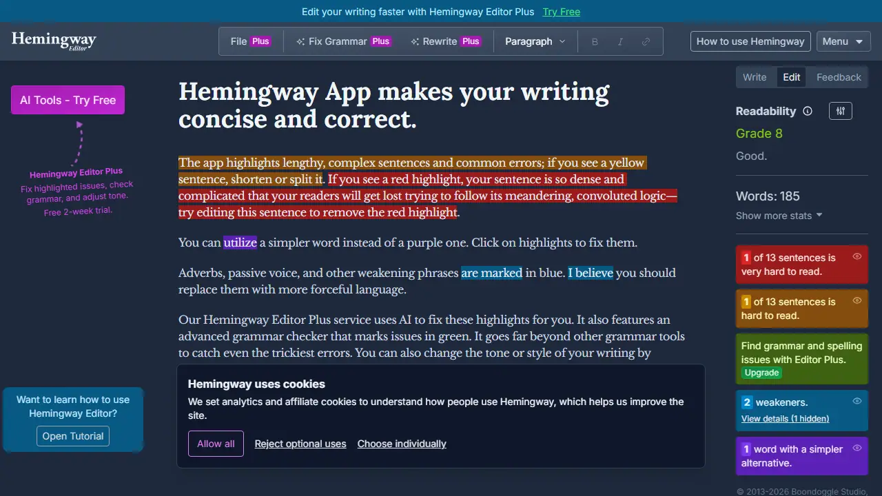 Hemingway Editor Plus - zrzut strony