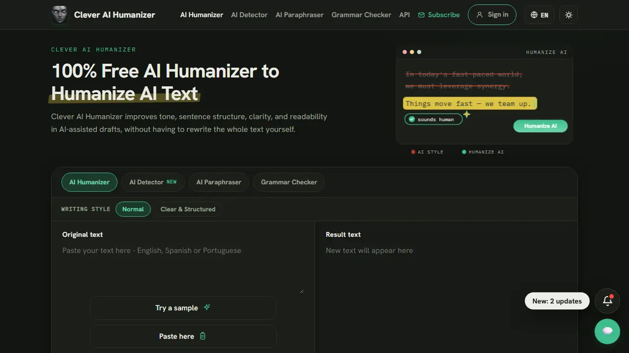 Clever AI Humanizer - zrzut strony