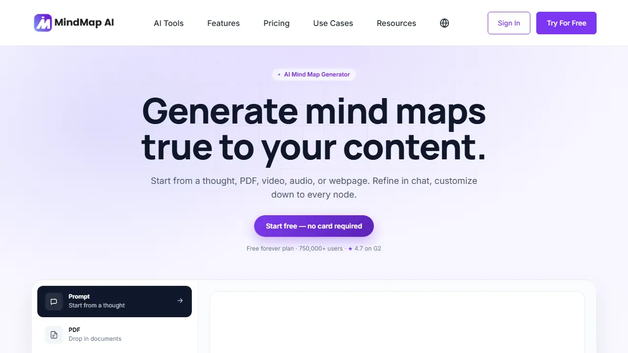 MindMap AI - zrzut strony