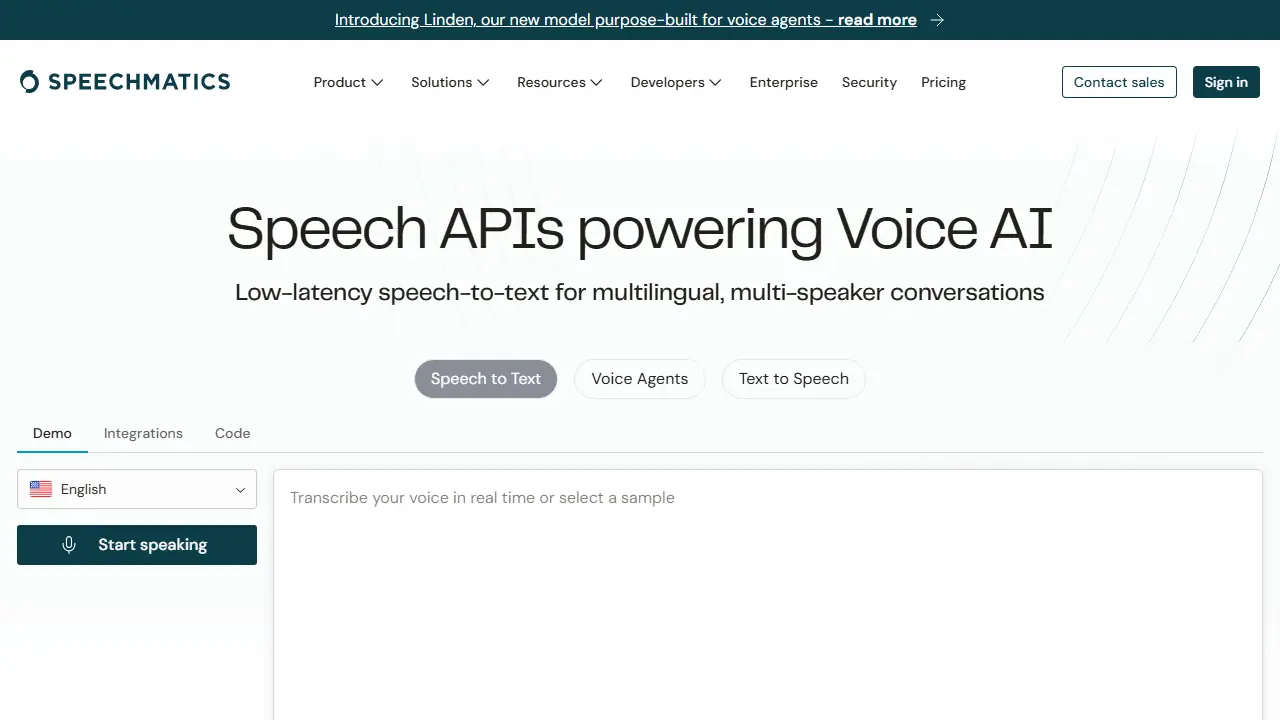 Speechmatics - zrzut strony
