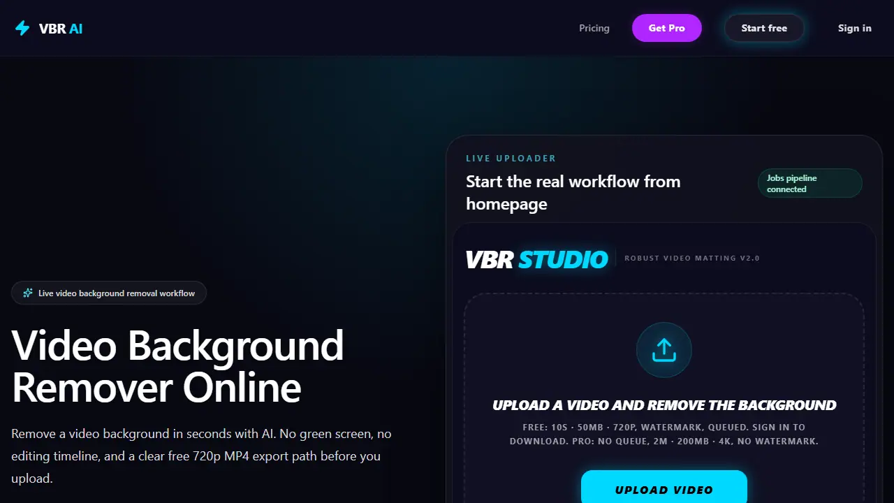 VBR AI (Video Background Remover) - zrzut strony