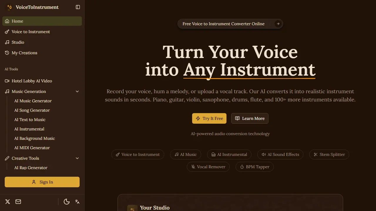 Voice to Instrument Converter - zrzut strony