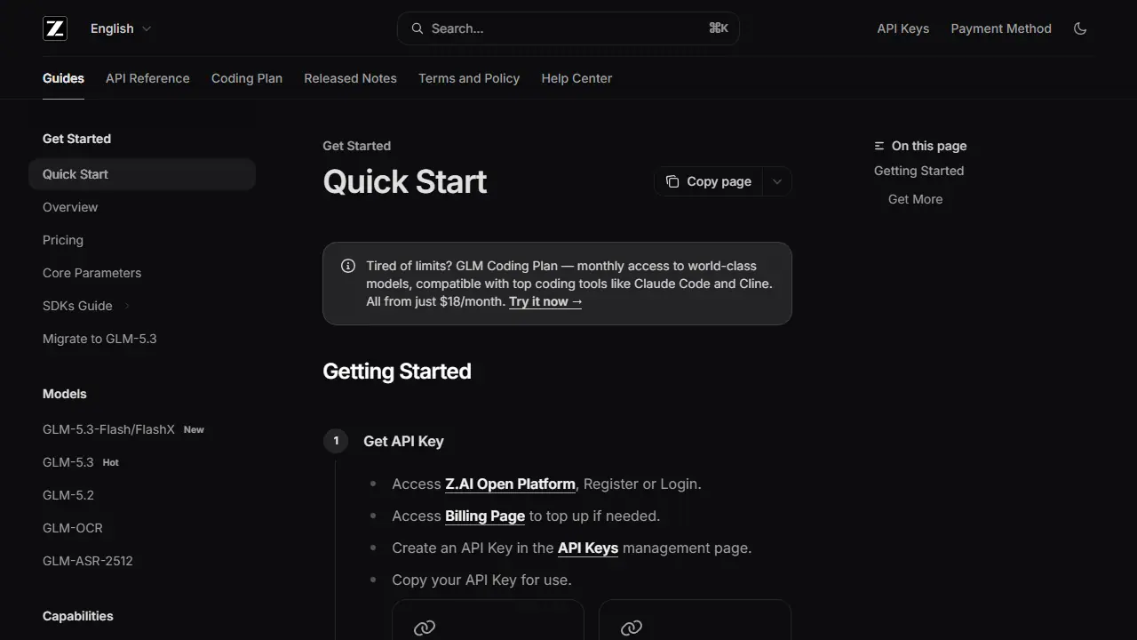 Z.AI Developer Platform - zrzut strony