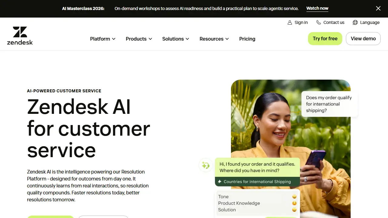 Zendesk AI - zrzut strony